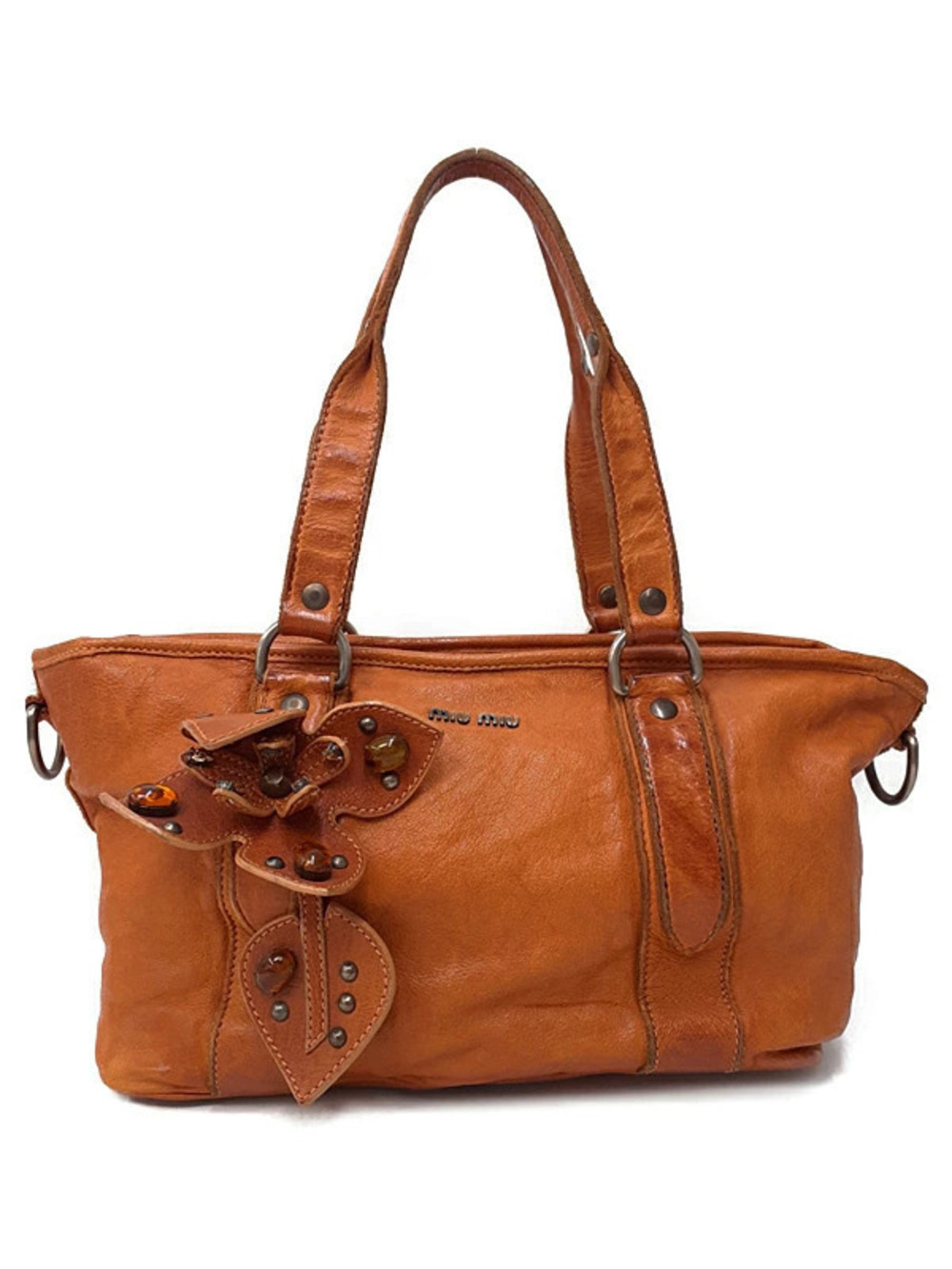 Miu Miu archive leather tote bag jeweled leather flower Brown